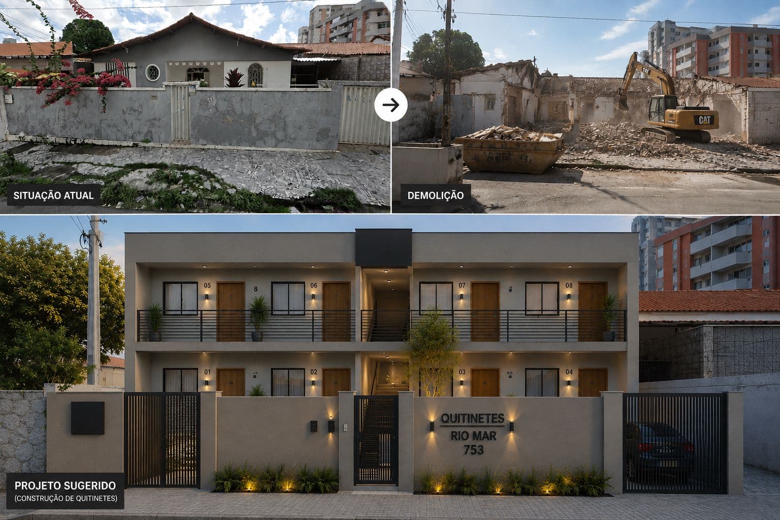 Simulação de transformação — situação atual, demolição e projeto sugerido